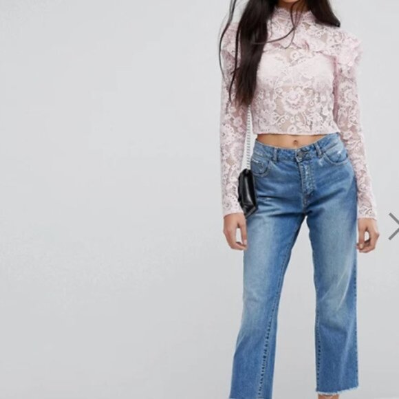 Asos Lace Mock Neck Long Sleeves Cotagecore Lace & Ruffle Crop Top Pink SZ 12 - Picture 4 of 12